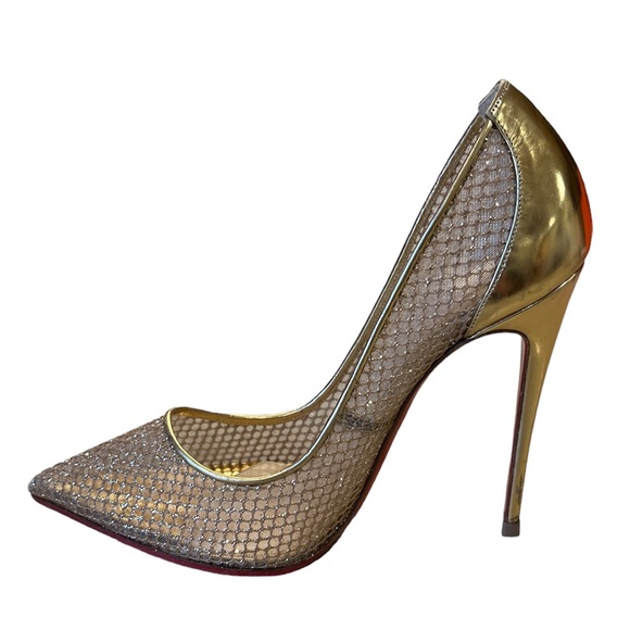 Christian Louboutin Follies Resille Glitter Fishnet High Heels Pumps Gold 8.5 - Picture 7 of 16